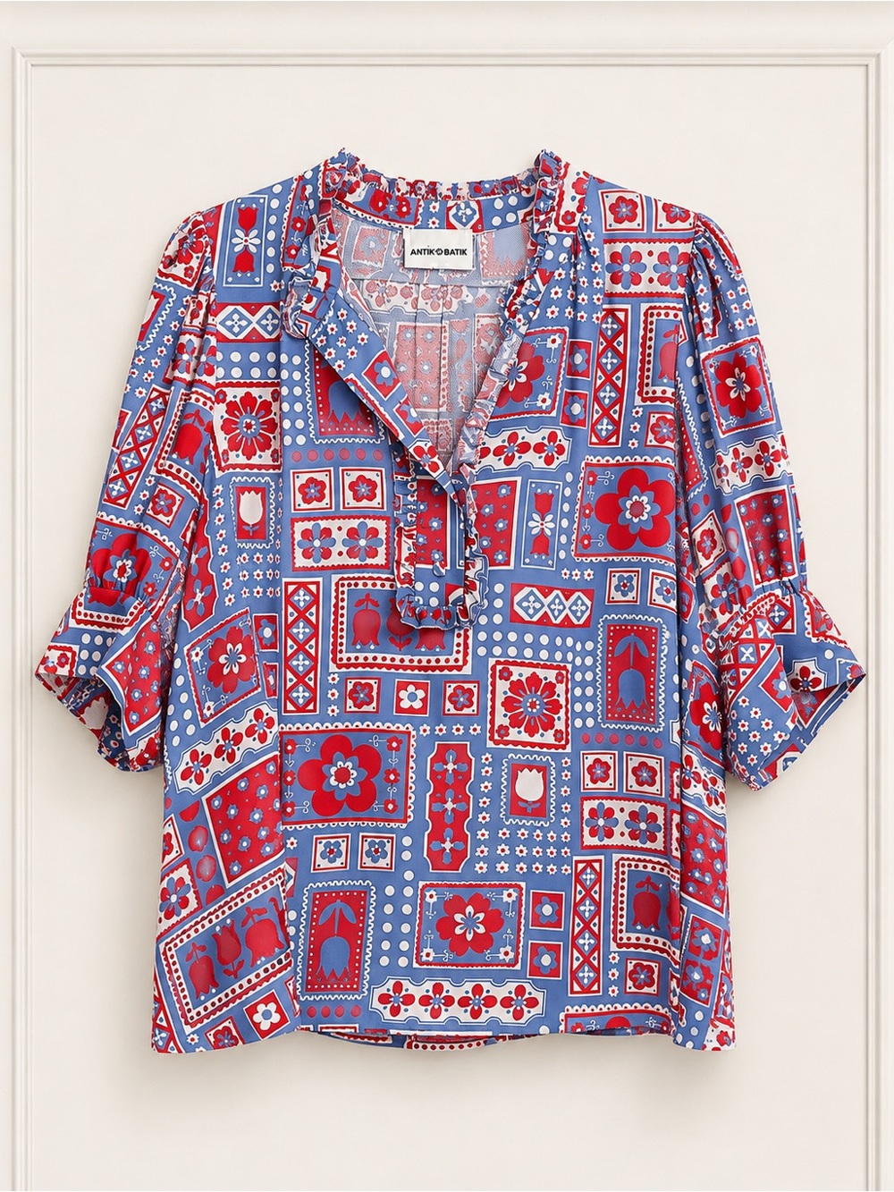 Antik Batik Red & Blue Printed Ruffle V-Neck Blouse